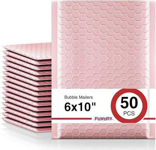 Fuxury Bubble Mailer, 6x10 Inch Bubble Mailers 50 Pack, Self-Seal Adhesive Padded Envelopes, Water Resistant Mailers, Shipping Envelopes for Packaging, Small Business, Mailing,Bulk Light Pink #0