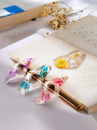 4 Pieces Dried Flower Resin Book Page Holder Transparent Thumb Ring Page Holder Handmade Personalized Flower Resin Bookmark Reading Accessories Gift for Teachers Book Lovers (Colorful B)
