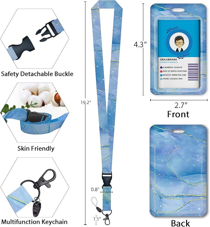Blue Marble Lanyards for Id Badges, Cute Badge Reel Heavy Duty with Carabiner Clip, Fashionable ID Badge Holder with Breakaway Lanyard, Teacher Nurse Office Gifts