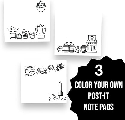 A Brighter Year Color Your Own Post-It Notes Bundle - 3 Sticky Note Pads - 3” x 3” Self Stick Notes - Coffee, Plant, & Space Themes -School, Office, Home, Travel, Notebook - Relaxation, Stress Relief