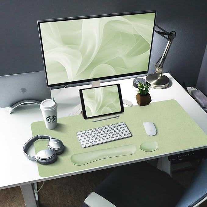 Bloss Leather Desk Mat and Keyboard Wrist Rest, Large Mouse Pad + Keyboard Pad+Mouse Wrist Support, Non-Slip Desk Mat Protector for Office, Home(35.4×15.7 Inches, Green)