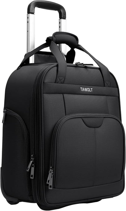 Multi-functional 16-Inch Underseat Carry on Luggage With Wheels Softside Lightweight Compact Travel Business Suitcase bag for Pilots and Crew,Black