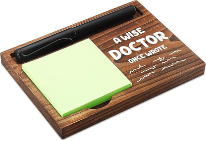 CINRLLA Doctor Sticky Note Holder Wooden Notepad & Pen Holder 6.5"" x 4.7"" Sticky Note Pad Holder Dispenser for Desk Doctor Work Humor Gifts, NPA191, Brown