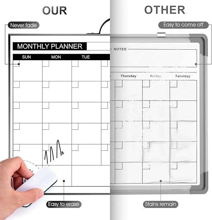 ARCOBIS Monthly Calendar Whiteboard - 12" x 16" Double-Sided Magnetic Dry Erase Board with Black Frame - Portable Wall Hanging Planner for Home, Office, School