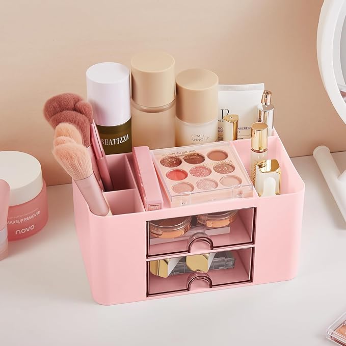 Pen Holder with Drawer, Office Desk Pen Organizer Multi-Functional Pencil Cup Makeup Brush Holder Cup Storage Office Business Card Pen Pencil Mobile Phone Stationery Holder Storage Box Pink