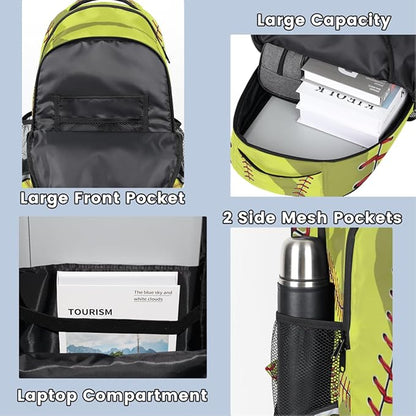 Yellow Baseball Sport Softball Backpack School Bookbag Laptop Purse Casual Daypack for Teen Girls Women Boys Men College Travel