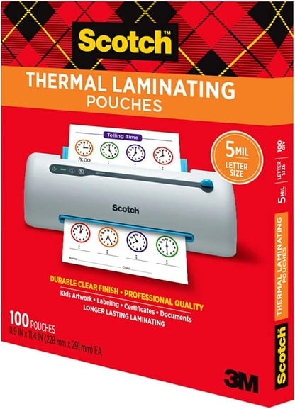 Scotch Thermal Laminating Pouches, 100 Count, Clear, 5 mil., Laminate Business Cards, Banners and Essays, Ideal Office or School Supplies, Fits Letter Sized Paper (8.9 in. × 11.4 in.)