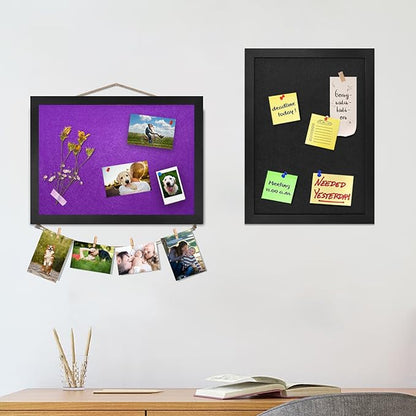 Bulletin Boards Cork Board with Felt, 15"x11" Small Display Pin Board Vision Board for Walls, Jewelry, Notes, Collection, Photos, Office, Wood Framed(Black) & Felt(Purple), 1pc