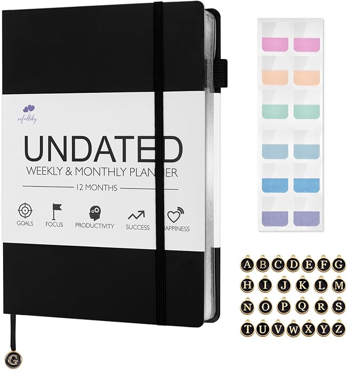 Undated Weekly and Monthly Planner, Cofullsky Weekly To Do List Planner Notebook with Unique Lettering Ribbon A5 Size Personalized Present Suitable for Women Men Teachers Kids (Letter G)