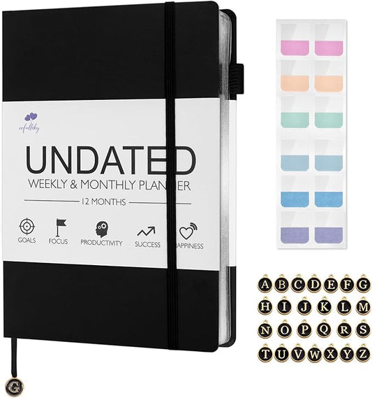 Undated Weekly and Monthly Planner, Cofullsky Weekly To Do List Planner Notebook with Unique Lettering Ribbon A5 Size Personalized Present Suitable for Women Men Teachers Kids (Letter A)