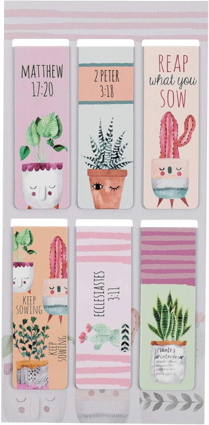 Set of 6 Beloved Scripture Favorites w/Cactus & Cheerful Flower Pots Inspirational Magnetic Bible Verse Bookmark with Scripture,Regular 2.3" x .75"