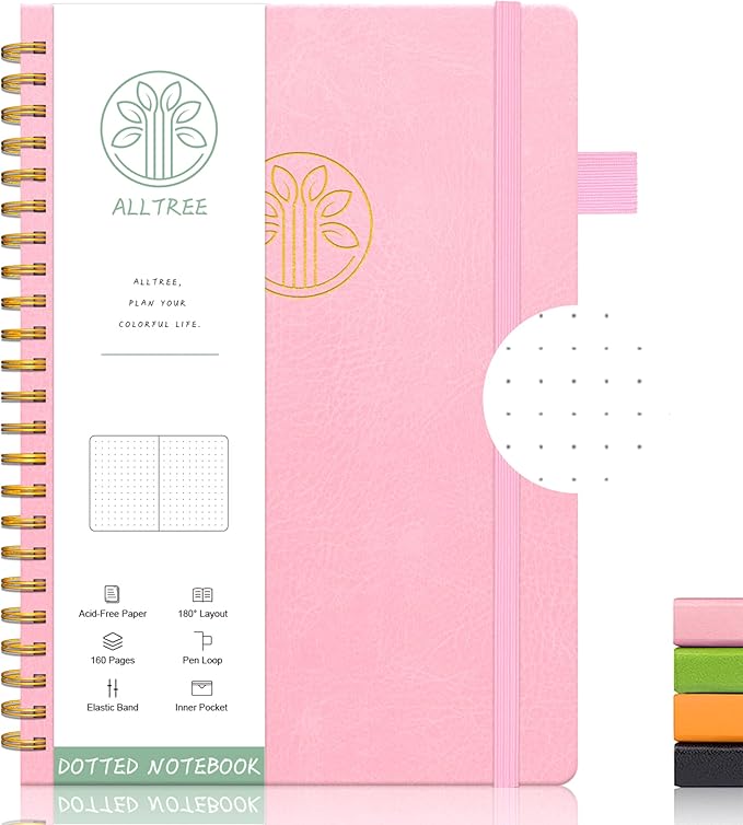 Alltree Spiral Dot Grid Notebook Journal, Dotted Paper Notebook for Work, Hardcover Spiral Notebook with Pen Loop, Pocket, Stickers, 160 Pages, Journal for Women & Men, Pink(6"x8.5")