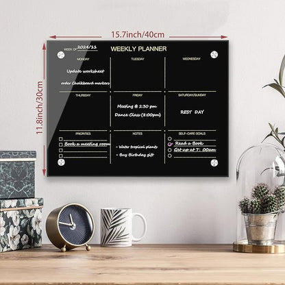 Okydoky Glass Dry Erase Whiteboard,Weekly Whiteboard,12" x 16",Frameless Glass White Board for Home,School,Office,Black Surface(Glass Weekly-BK-3040)