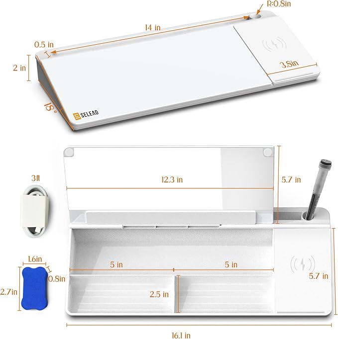 SELEAD Desktop Glass Whiteboard with Wireless Charger Station & Built-in Mirror, Dry Erase Board Computer Pad Keyboard Stand with Organizer for Home, School, Office Desk Accessories, White