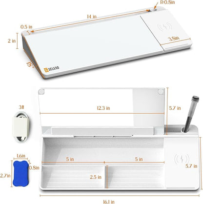 SELEAD Desktop Glass Whiteboard with Wireless Charger Station & Built-in Mirror, Dry Erase Board Computer Pad Keyboard Stand with Organizer for Home, School, Office Desk Accessories, White