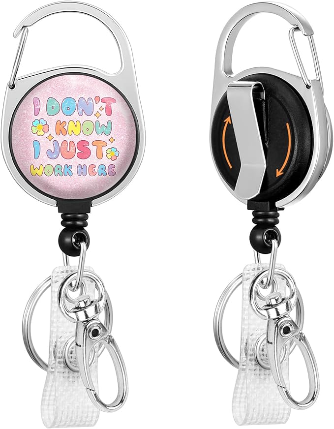 Gctriki Badge Reel Retractable Heavy Duty with 360° Swivel Carabiner Clip, I Don't Know I Just Work Here ID Badge Holder Retractable Clip, Funny Nurse Teacher Retractable Keychain Name Badge Clip