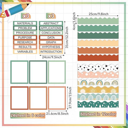 90 Pcs Science Fair Board Supplies 60 Trim Scalloped Bulletin Board Borders 24 Presentation Board Subtitles 6 Science Fair Titles for Classroom Display Boards(Geen Boho)