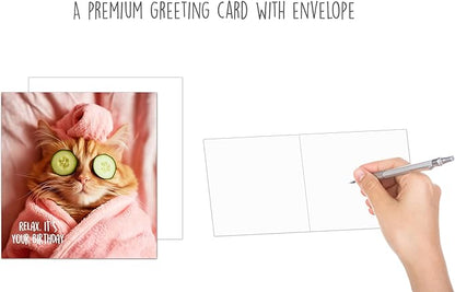 Premium Square Birthday Card with Envelope. Greeting Happy Birthday for Her Woman Mum Female Girl Friend Colleague Teenager Cool Cat Relax neutral (GQ150 SW024)