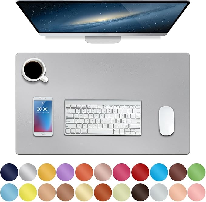 Boutilon Leather Desk Pad 24"x 14" Non-Slip Mouse Pad,Office Desk Mat,Waterprooft PU Leather Desk Blotter,Desk Pad Protector,Desk Writing Pad for Home Office Decor (S-Silver)