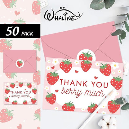 Whaline 50 Packs Strawberry Thank You Cards Red Pink Strawberry Flower Greeting Cards Blank Note Cards Boxed with Envelopes and Stickers for Birthday Baby Shower, 4 x 6 Inch
