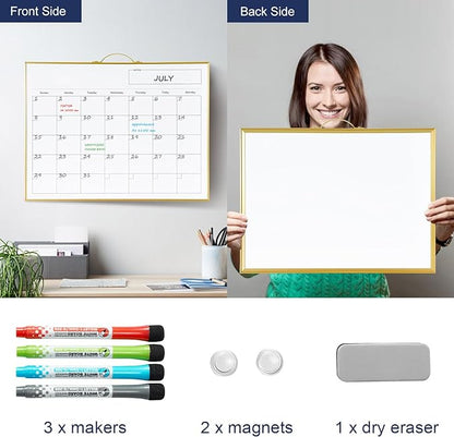 TSJ OFFICE White Board Calendar - 12 X 16 Inches Magnetic Dry Erase Board Monthly Calendar, Double Sided Writing Tablets with a Handle, to Do List Notepad for Office, Home, School, Gold Aluminum Frame