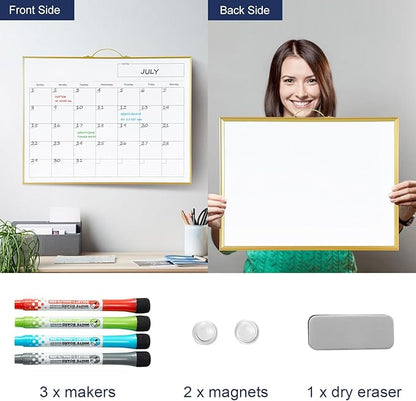 TSJ OFFICE White Board Calendar - 12 X 16 Inches Magnetic Dry Erase Board Monthly Calendar, Double Sided Writing Tablets with a Handle, to Do List Notepad for Office, Home, School, Gold Aluminum Frame