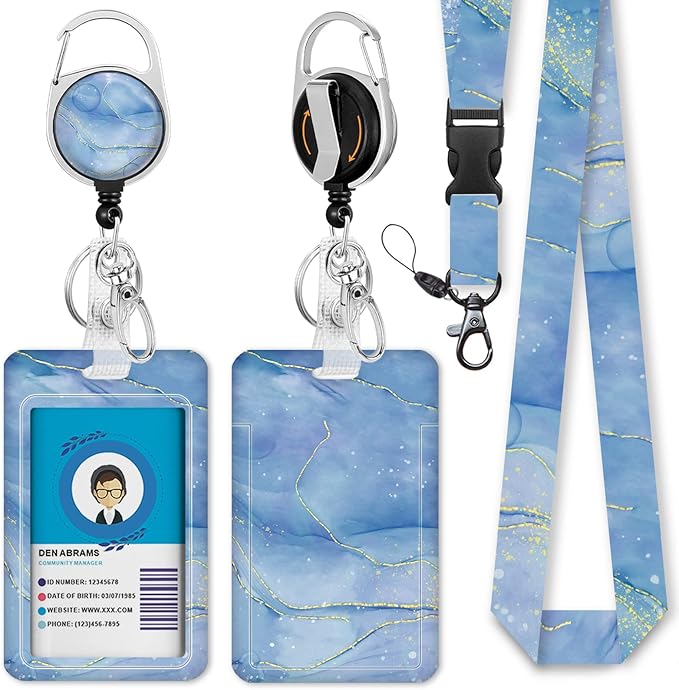 Blue Marble Lanyards for Id Badges, Cute Badge Reel Heavy Duty with Carabiner Clip, Fashionable ID Badge Holder with Breakaway Lanyard, Teacher Nurse Office Gifts