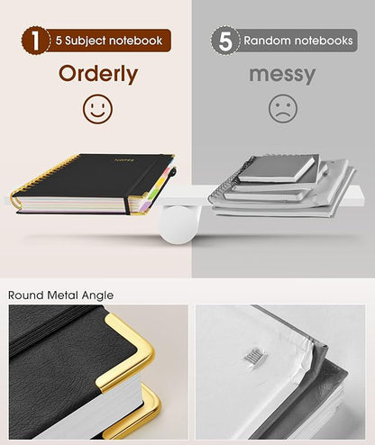 Hardcover Spiral Notebook journal with Removable Dividers Tabs, 300 Pages Leather 5 Subject Notebook College Ruled, 8"x10" Large B5 Notebooks for Work School Note taking, Lined Journal for Women,Black