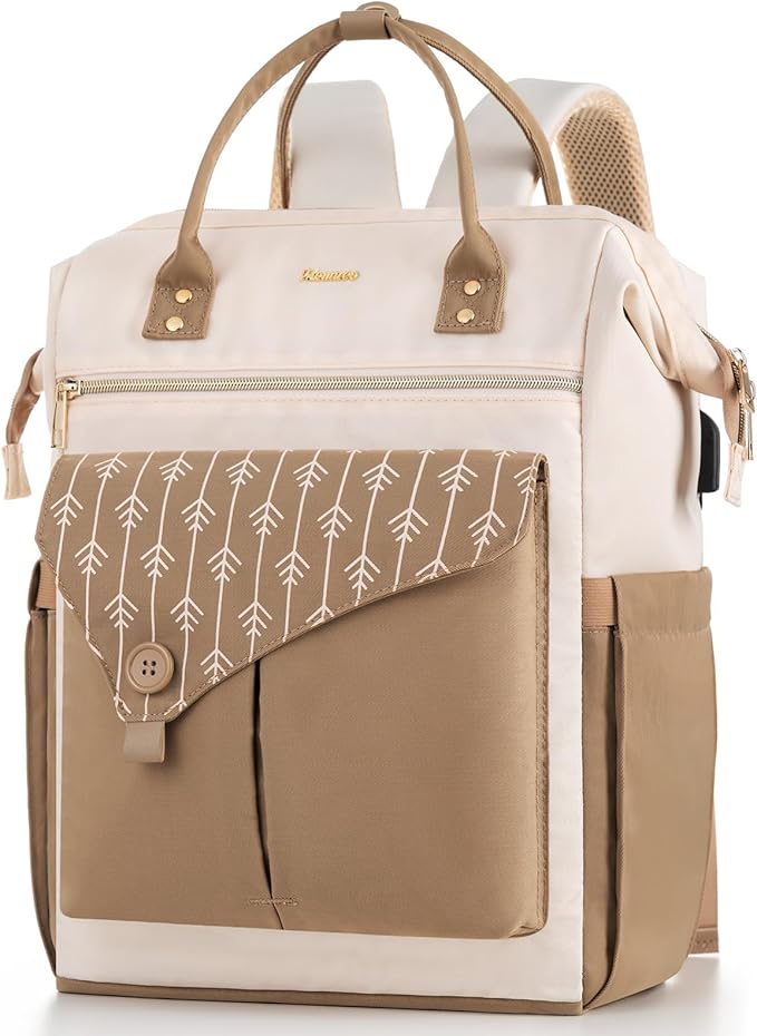MOMUVO Laptop Backpack for Women with USB Port, Student Bookbag Water Resistant Backpacks Teacher Doctor Nurse Work Stylish Travel Bags, Fits 17-Inch Laptop Khaki Beige