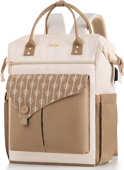 MOMUVO Laptop Backpack for Women with USB Port, Student Bookbag Water Resistant Backpacks Teacher Doctor Nurse Work Stylish Travel Bags, Fits 17-Inch Laptop Khaki Beige