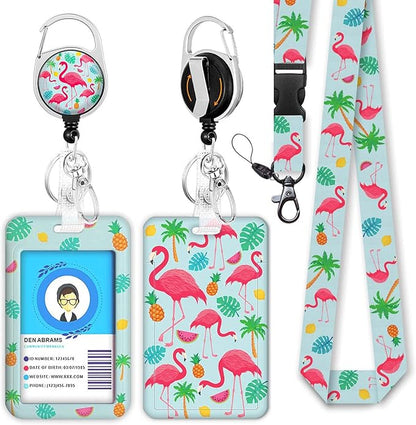Teacher Lanyards for ID Badges and Keys, Retractable ID Badge Holder with Lanyard, Cute Flamingo Badge Reel Heavy Duty with 360 Degrees Rotate Carabiner Clip, Nurse Student Office Gifts