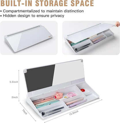 SELEAD Desktop Glass Whiteboard with Organizer & Built-in Mirror, Small Dry Erase White Board Computer Pad Keyboard Stand for Home, School, Office Desk Accessories - White