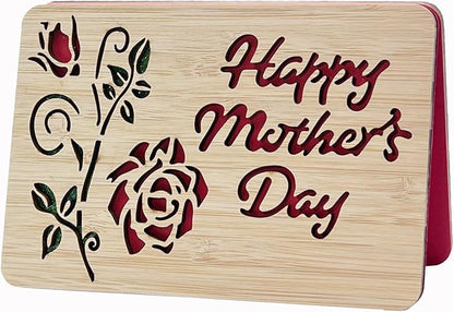 Mothers Day Cards,Handmade Bamboo Greeting Cards,Wooden Thankyou Card,Wooden Birthday Card,Mothers day for Mom,Mum,Rose mom