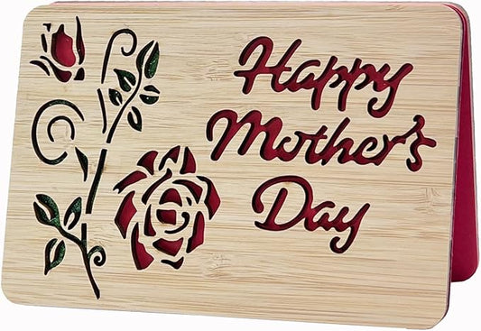 Mothers Day Cards,Handmade Bamboo Greeting Cards,Wooden Thankyou Card,Wooden Birthday Card,Mothers day for Mom,Mum,Rose mom