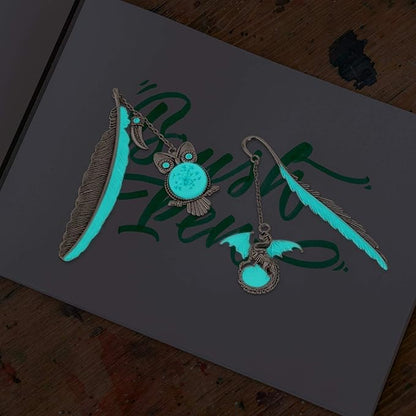 2 Pack Vintage Feather Metal Bookmark, Unique Glow in The Dark Bookmark Gift for Men Women(Dragon & Owl Antique Silver)