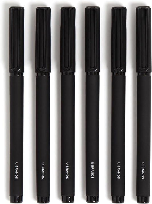 U Brands Catalina Felt Tip Pens, Set of 6, Midnight Black, Painted Metal Hardware, Medium (0.7 mm) Point, Black Ink