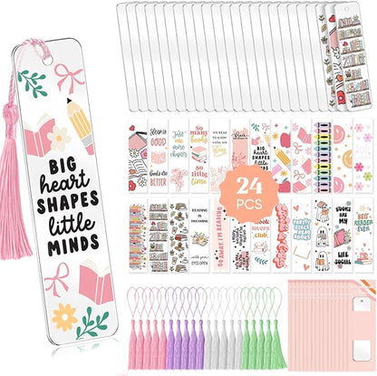 48PCS Bookmark Making Kit, 24 Acrylic Bookmark Blanks with 24Pcs Tassels, 24UV Stickers about Booklover Theme, DIY Blank Bookmarks Waterproof UV DTF Transfers Stickers for Clear Bookmarks DIY Projects