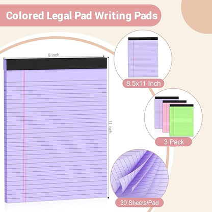 Legal Pads 8.5 x 11 Colored Notepad, 3 Pack Note Pads Wide Ruled Lined Paper, Micro Perforated Writing Pads Legal Pad, 30 Sheet/Note Pads, Notebook Paper Tablet for School, Pink Legal Pad 8.5 x 11