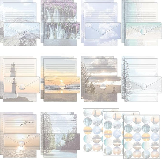 TaoBary 160 Packs Stationery Paper Set (50 Double Sided Stationery Writing Papers 50 Matching Envelopes) 60 Round Dot Sticker, 10 Design (8.5 x 11 Inch,Natural Scenery)