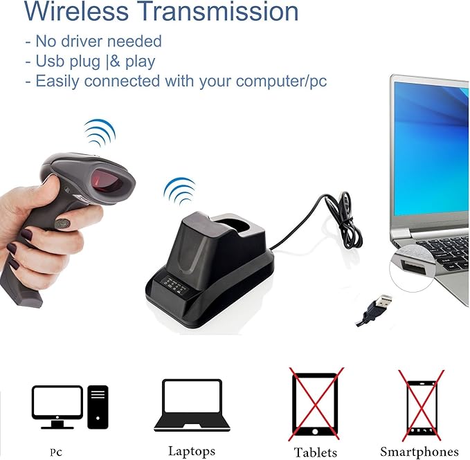 Wireless Barcode Scanner with USB Cradle Receiver Charging Base, 2.4GHz Handheld 1D Cordless Laser Barcode Reader, UP to 150Ft Transmission Range, long-life Battery 2200mAh, 1 Year Warranty.