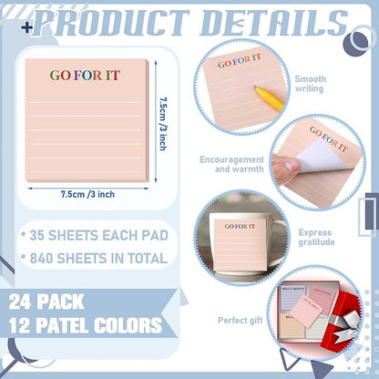 Yinder 24 Pcs Inspirational Sticky Notes with Lines Cute Motivational Sticky Notes Pad Employee Appreciation Gifts Bulk for Teacher Nurse Coworkers Office Supplies 3 x 3''(Aesthetics,Motivational)