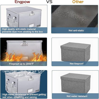 ENGPOW File Box with Lock,Fireproof Document Box with Pockets,Collapsible File Storage Organizer Filing Box with Handle,Portable Home Office File Cabinet Safe for Hanging Folders,2 Pack(Silver)