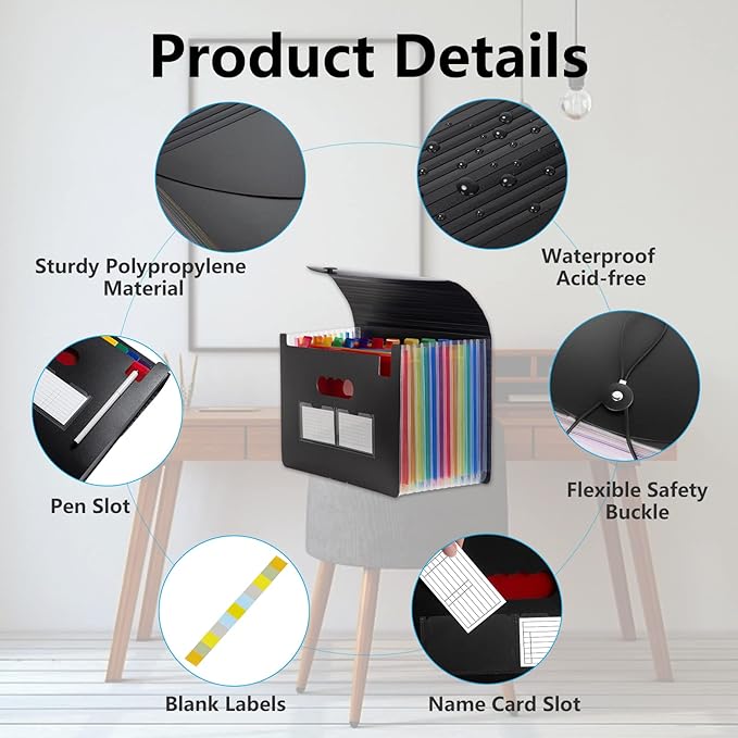 Sooez Accordion File Organizer, 12 Pockets Expanding File Folder, Portable Monthly Paper Bill Tax Receipt Organizer, Letter A4 Size Document Holder with Blank Labels, Black