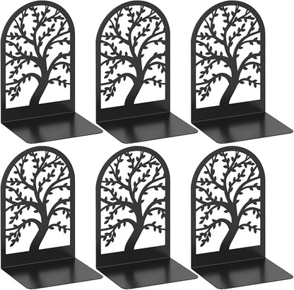 VFINE Decorative Bookends 3 Pairs, Tree Metal Bookends, Unique Black Book Ends to Hold Books, Book Holder for Heavy Books, Home Decorative Book Stoppers for Shelves (6 Pieces)