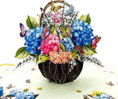 Hydrangea Basket Pop Up Card - Thank You, Birthday, Thinking of You, Get Well, Valentine's Day, and Mother's Day Greeting Cards for Women, Girlfriend, Mother, Sister, Grandmother