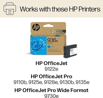 HP 936e EvoMore Cyan Ink Cartridge | Works OfficeJet 9120 Series, OfficeJet Pro 9100 Series, OfficeJet Pro Wide Format 9700 Series | Carbon Neutral | 4S6V3LN