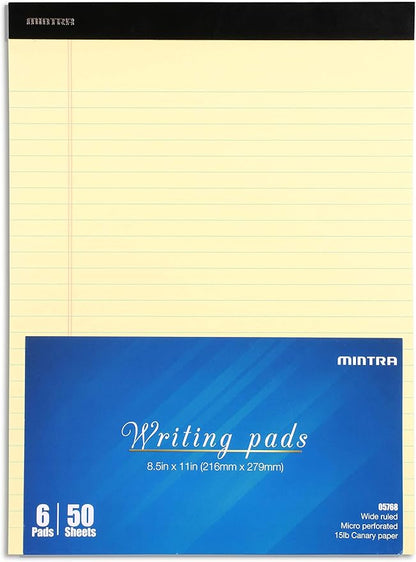 Mintra Office Legal Pads - ((BASIC CANARY 6pk, 8.5in x 11in, WIDE RULED)) - 50 Sheets per Notepad, Micro perforated, Yellow Writing Pad, Notebook Paper for School, College, Office, Business