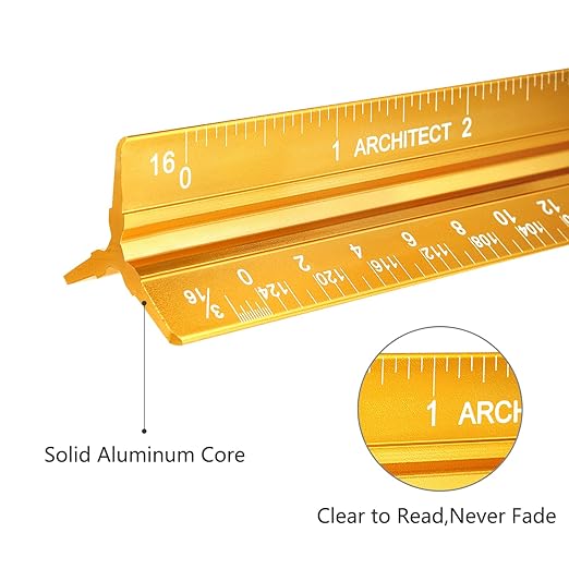Architectural Scale Ruler, Imperial Measurements 12'', Laser-Etched Aluminum Architect Triangular Ruler Gold for Architects, Students, Draftsman, and Engineers by mveohos