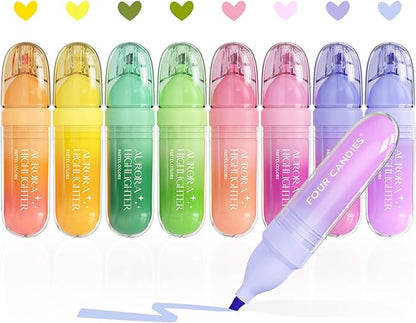 Four Candies 8 Pcs Highlighters Assorted Colors, Cute Pastel Highlighter Set, Dry Quickly, Soft Chisel Tip, Assorted Colors Bible Highlighter for No Bleed, Aesthetic Highlighters for School, Office