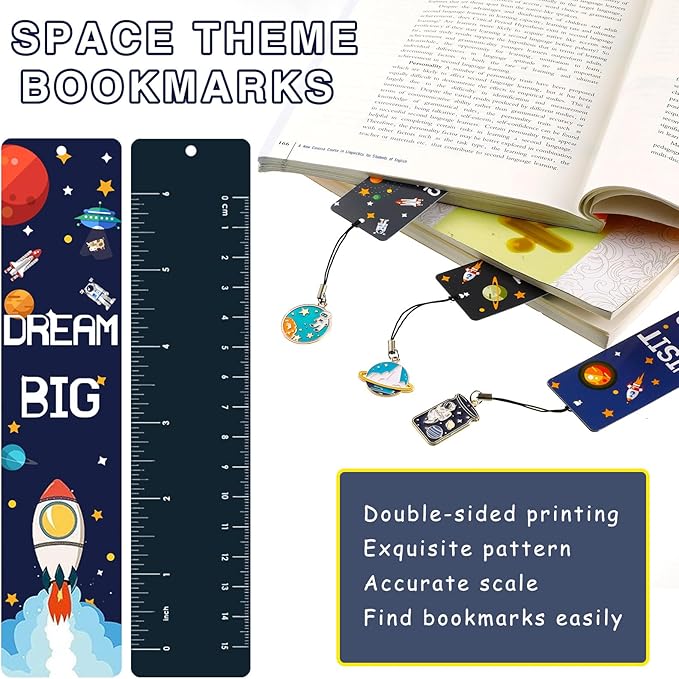 Christmas Space Theme Bookmarks with Metal Charms Planet Rocket Space Ship Theme Bookmarks Inspirational Quotes Bookmarks for Space Christmas Party Favors Gifts Kids Boys Girls Encourage(288 Pieces)